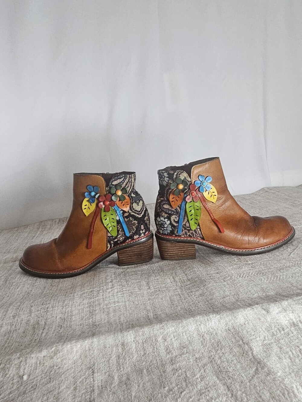 Brown Leather Ankle Boots with Floral Accent - Picture 5 of 8